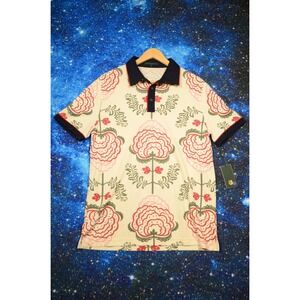Extracurricular Polo Shirt Mens‎ Medium Floral Print Cream Navy Collar Golf
